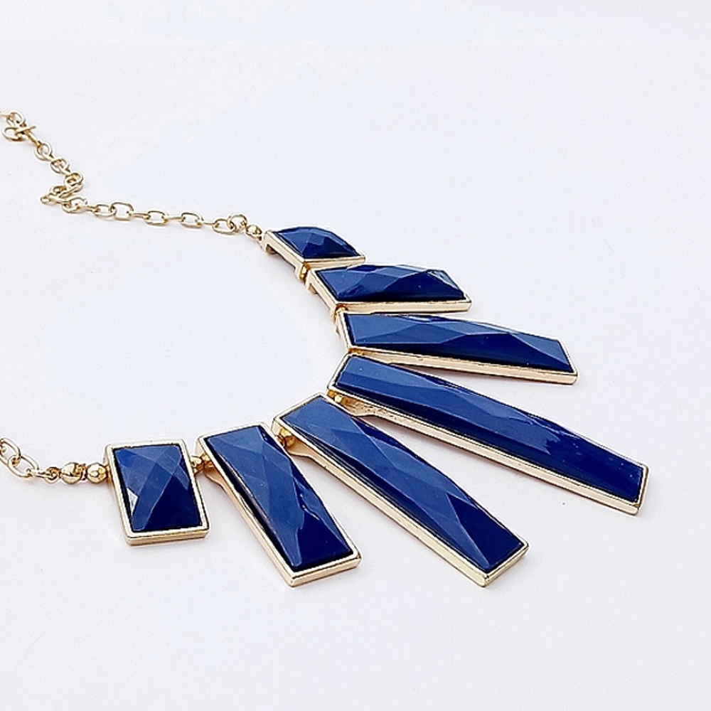 STATEMENT NECKLACE Egyptian navy blue gold dark costume faceted royal bib runway